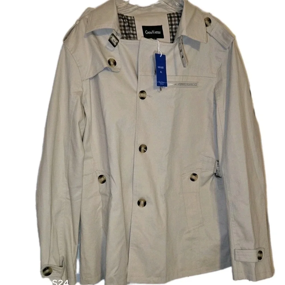 NWT ChouYatou Men's Light Tan‎ Trench Coat Sz XL Lined Pockets 100% cotton